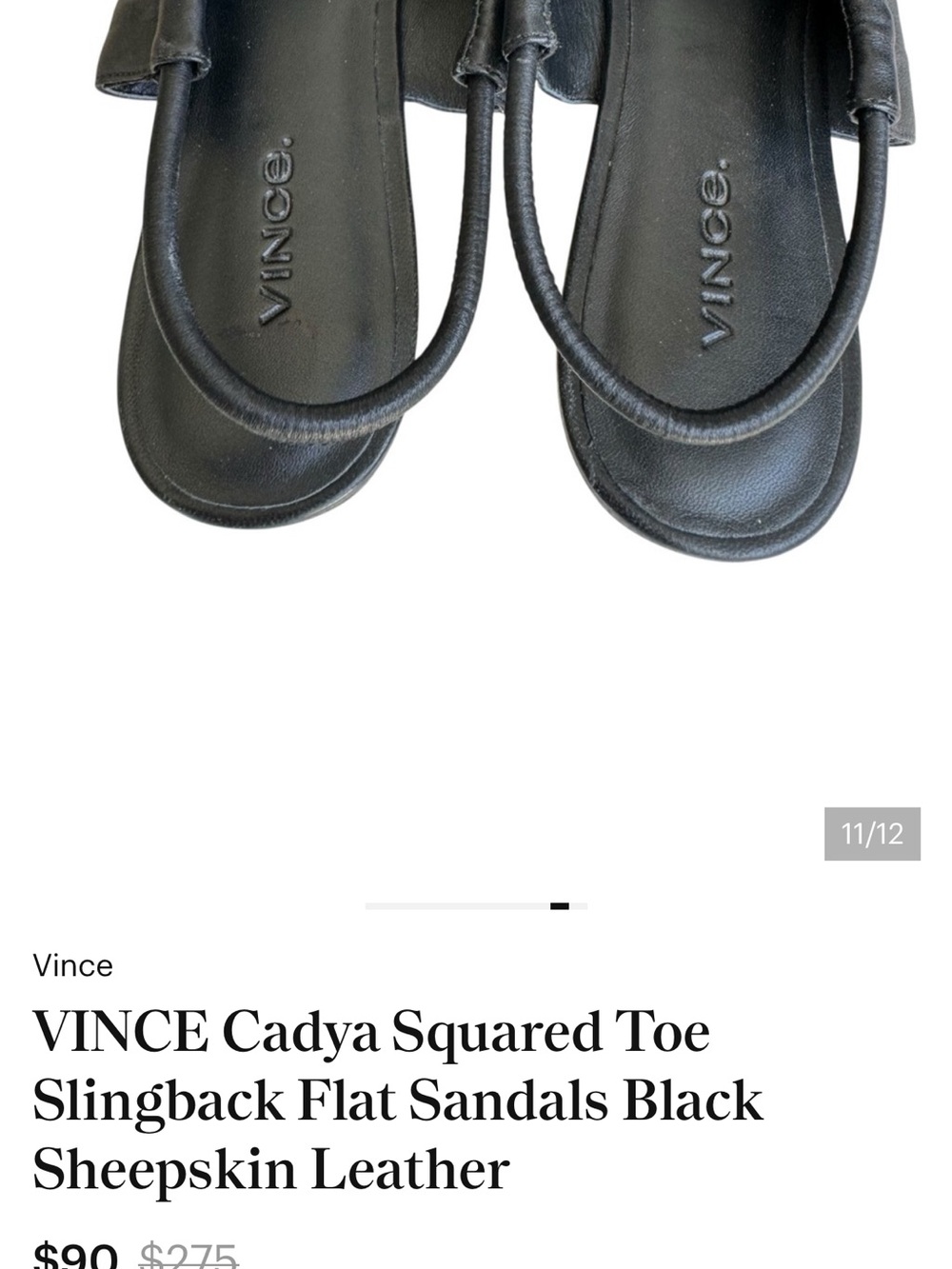 VINCE Cadya Squared Toe Slingback Flat Sandals Black Sheepskin Leather - Picture 2 of 7